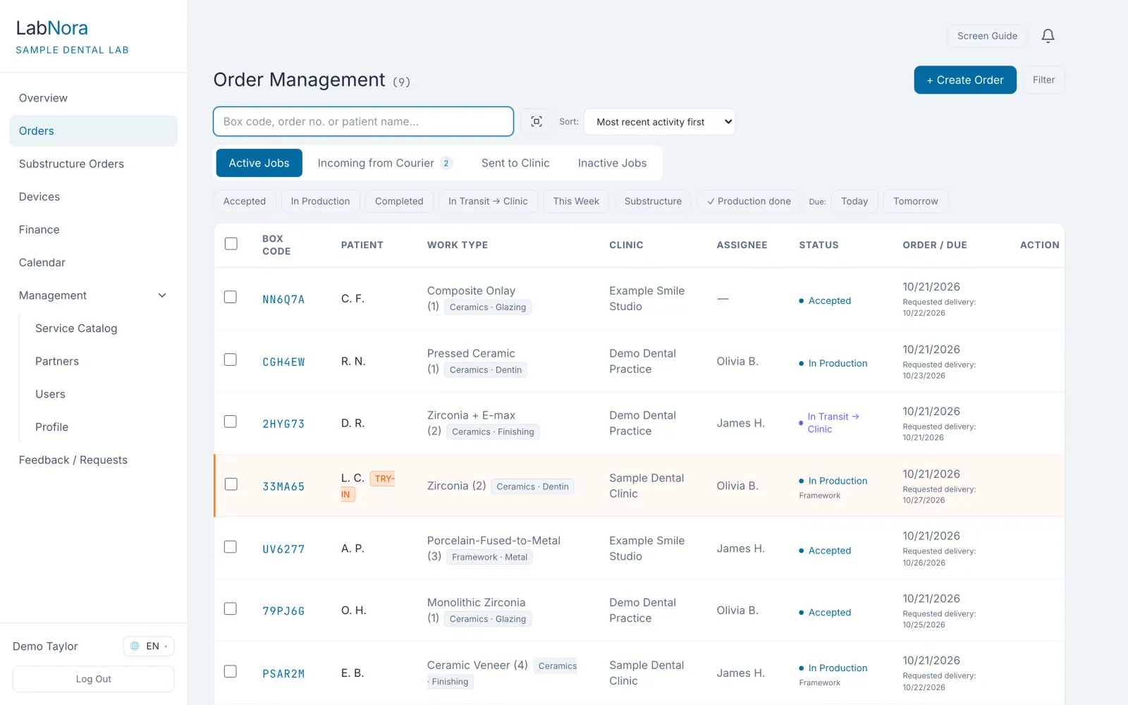 LabNora order list: menu on the left; box code, patient, work type, clinic, assignee and status columns