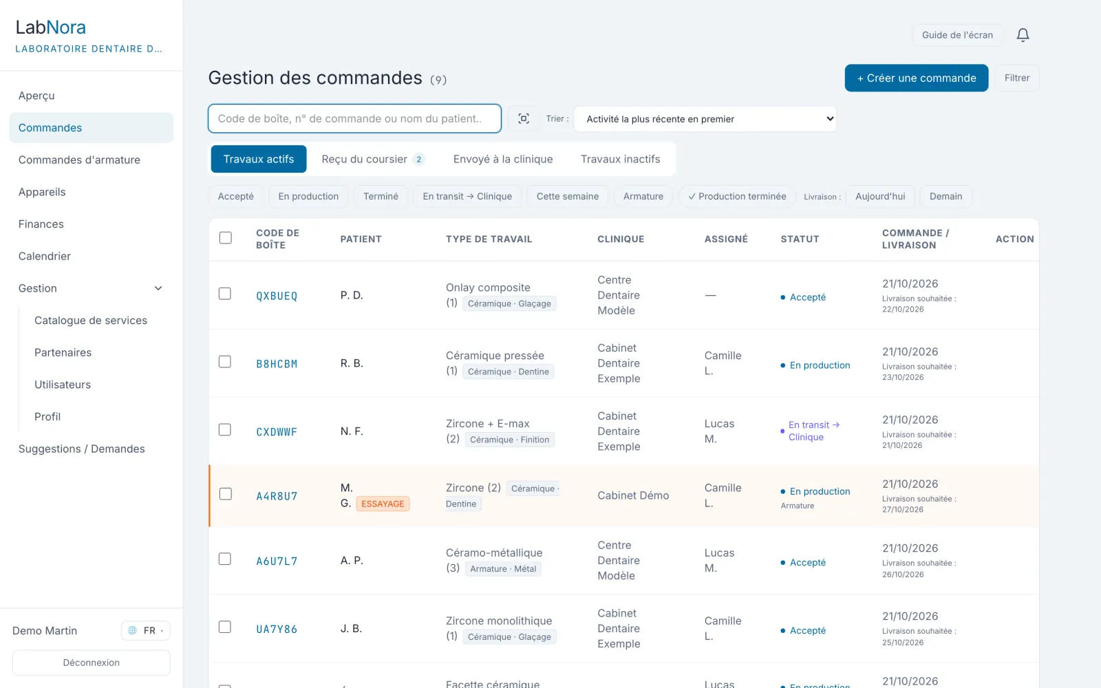 Liste des commandes LabNora : menu à gauche ; colonnes code de boîte, patient, type de travail, clinique, responsable et statut